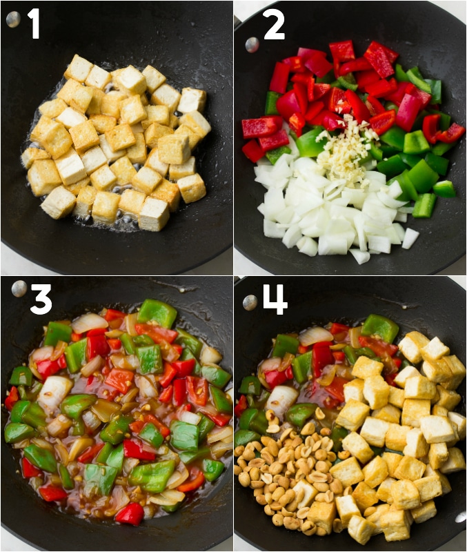 collage of how to make kung pao tofu, step by step in a pan