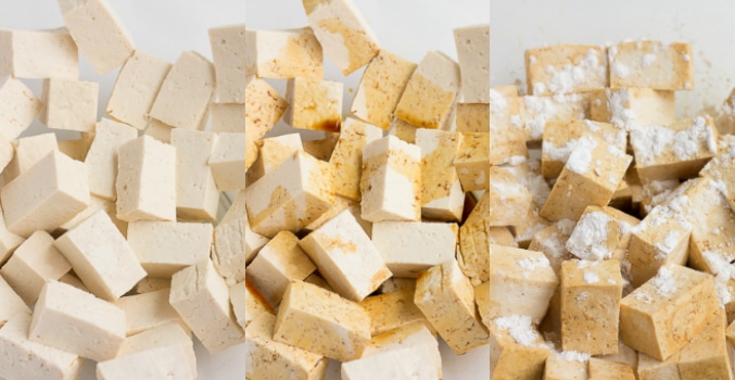 collage showing how to make tofu with soy sauce and cornstarch in bowl