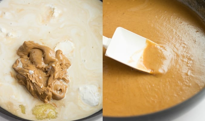 collage of making peanut sauce for peanut tofu dish