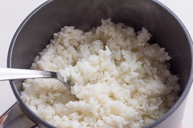 coconut rice in pot, done cooking