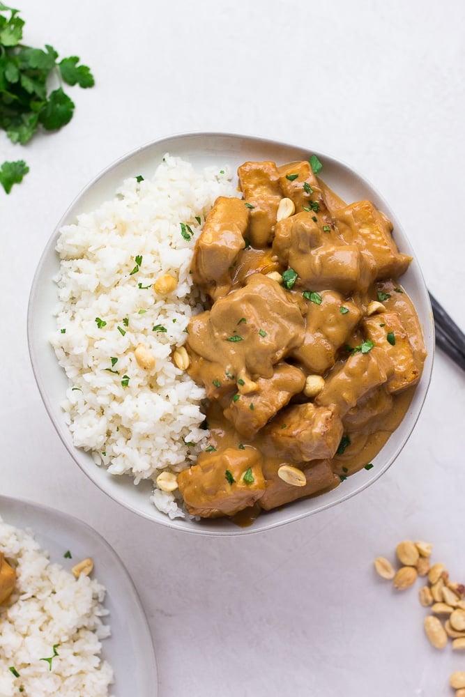 plate with peanut tofu and coconut rice