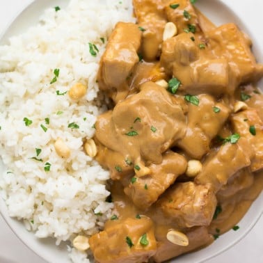 plate with peanut tofu and coconut rice