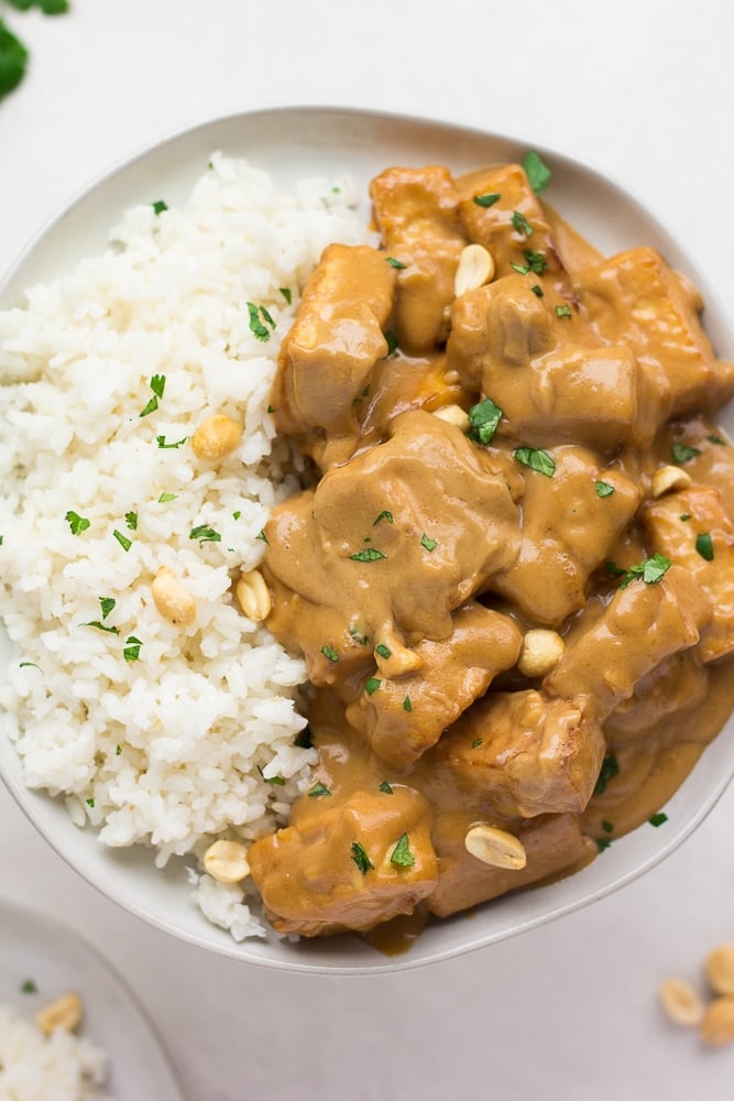 plate with peanut tofu and coconut rice