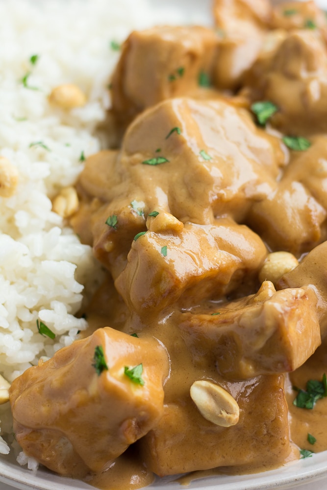 close up of peanut tofu with white rice