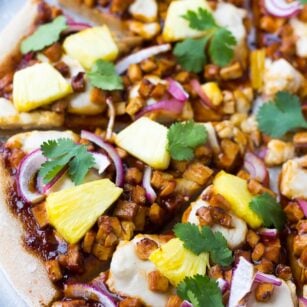 vegan pizza with pineapple and barbecue tofu
