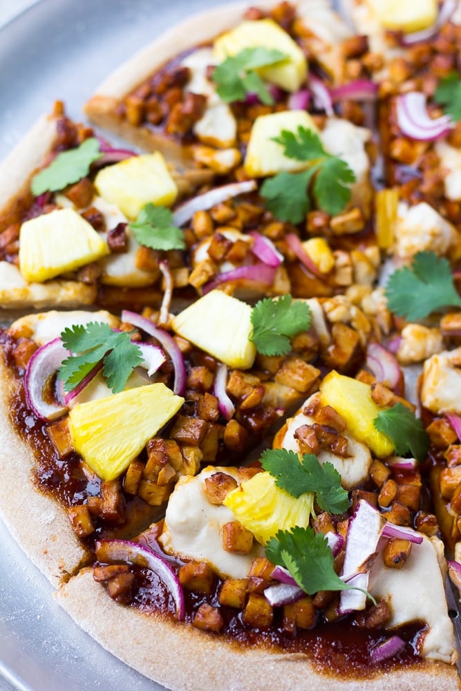 vegan pizza with pineapple and barbecue tofu