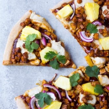 vegan pizza with pineapple and barbecue tofu