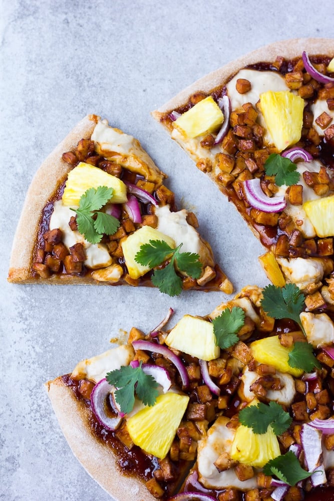 vegan pizza with pineapple and barbecue tofu