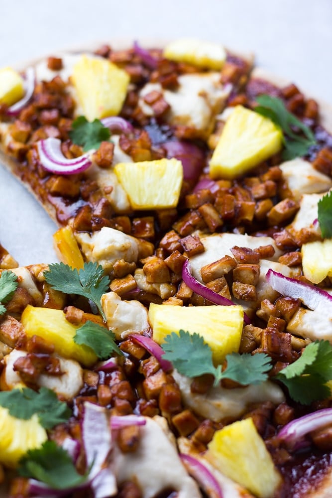 vegan pizza with pineapple and barbecue tofu