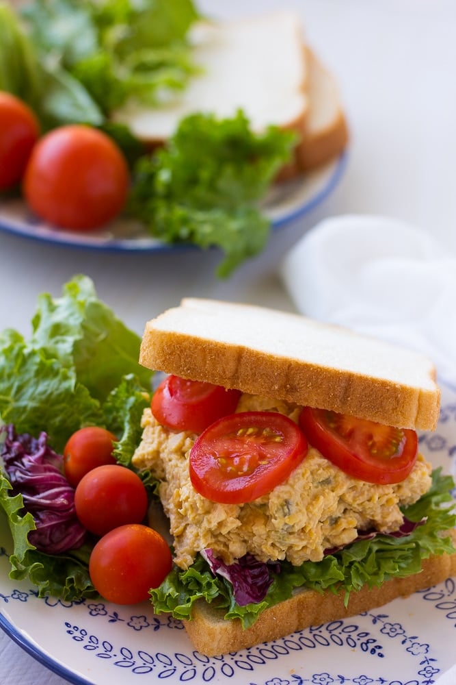 chickpea tuna salad sandwich on a plate