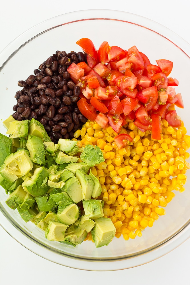ingredients for black bean corn avocado salad