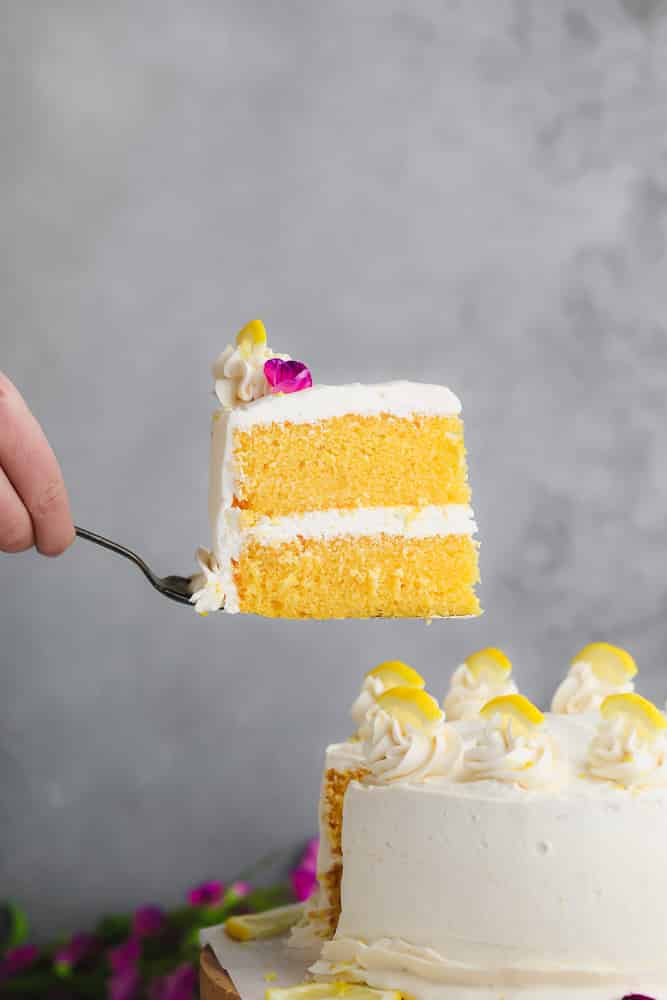 piece of cake being lifted out from the rest of the cake