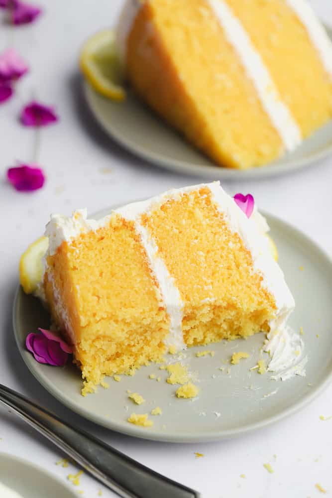 cut piece of cake showing fluffy yellow texture