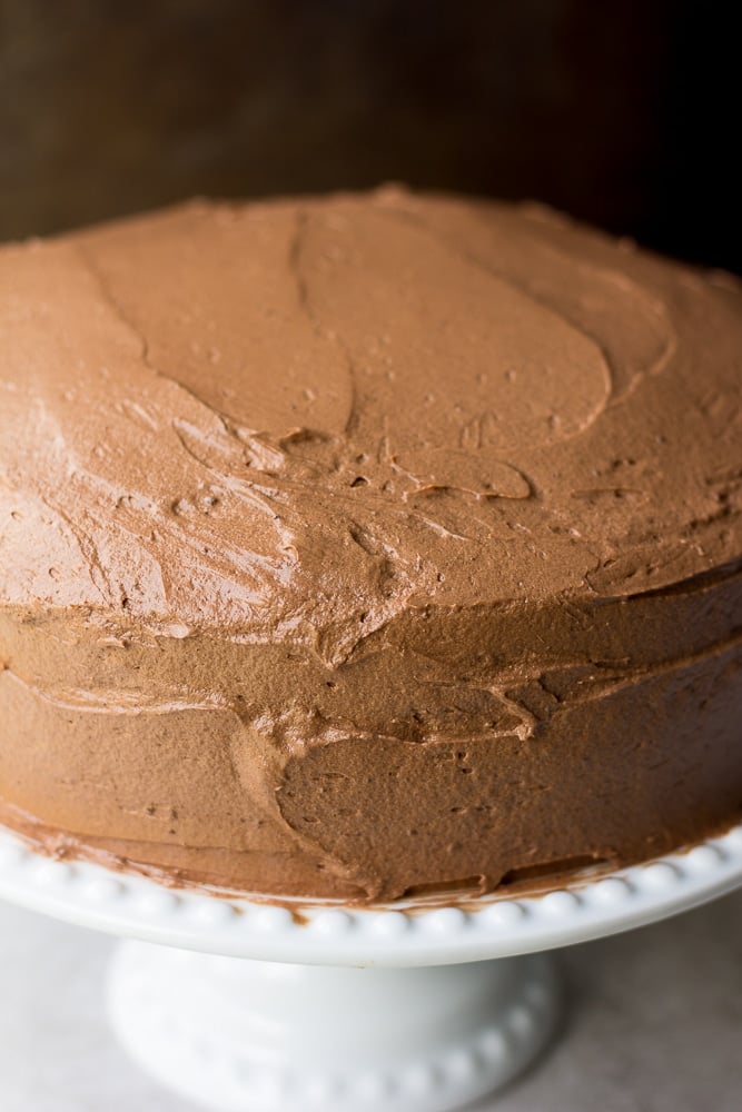 vegan chocolate cake frosted close up