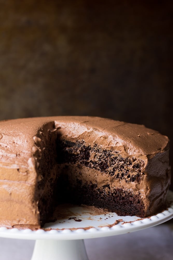 vegan chocolate cake with a slice taken out of it