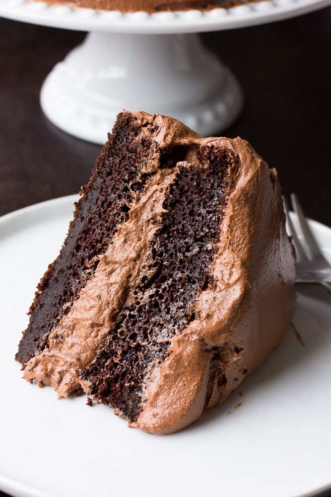 slice of vegan chocolate cake on a plate
