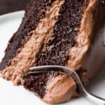 slice of vegan chocolate cake with a fork taking a bite.