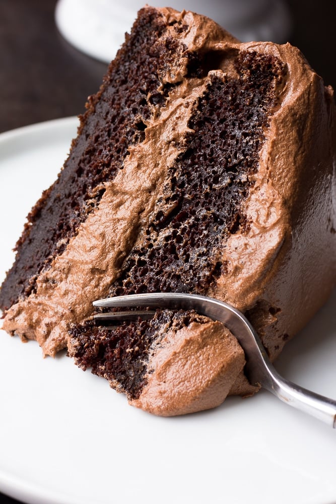 slice of vegan chocolate cake with a fork taking a bite.