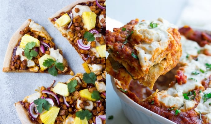 collage of pizza and lasagna with stretchy mozzarella vegan cheese.