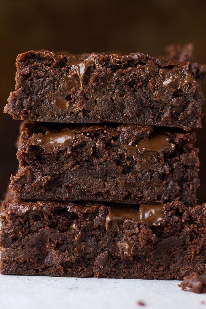 close up 3 stacked vegan brownies