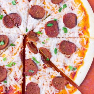 vegan pepperoni pizza, sliced