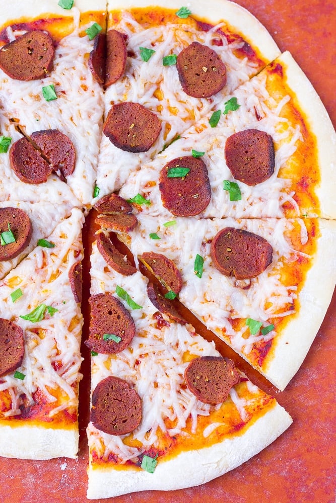 vegan pepperoni pizza, sliced