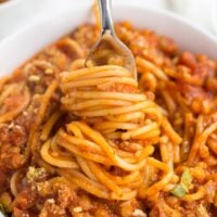 instant pot spaghetti, cooked twirled around a fork