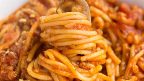 instant pot spaghetti, cooked twirled around a fork