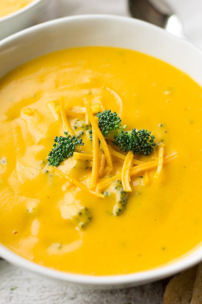 close up shot of vegan broccoli cheese soup