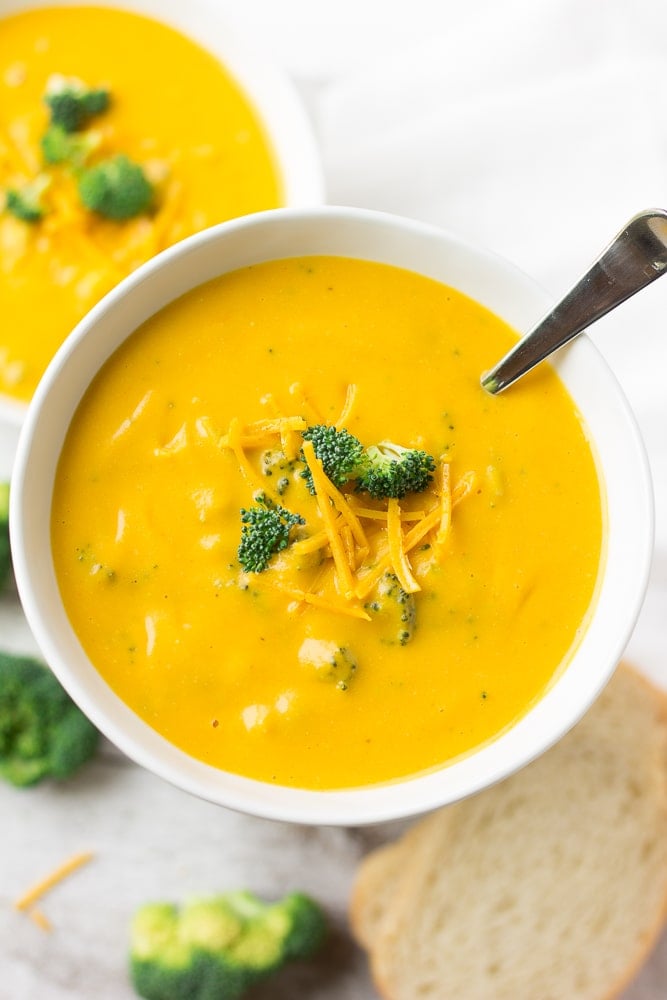 from above shot of vegan broccoli cheese soup