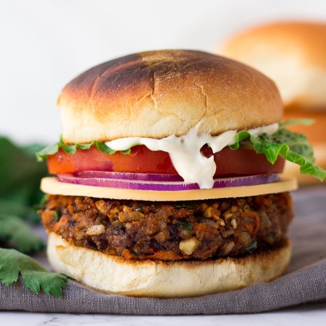 square image of a burger with cheese, tomato, onion and lettuce