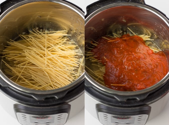 collage of how to make instant pot spaghetti