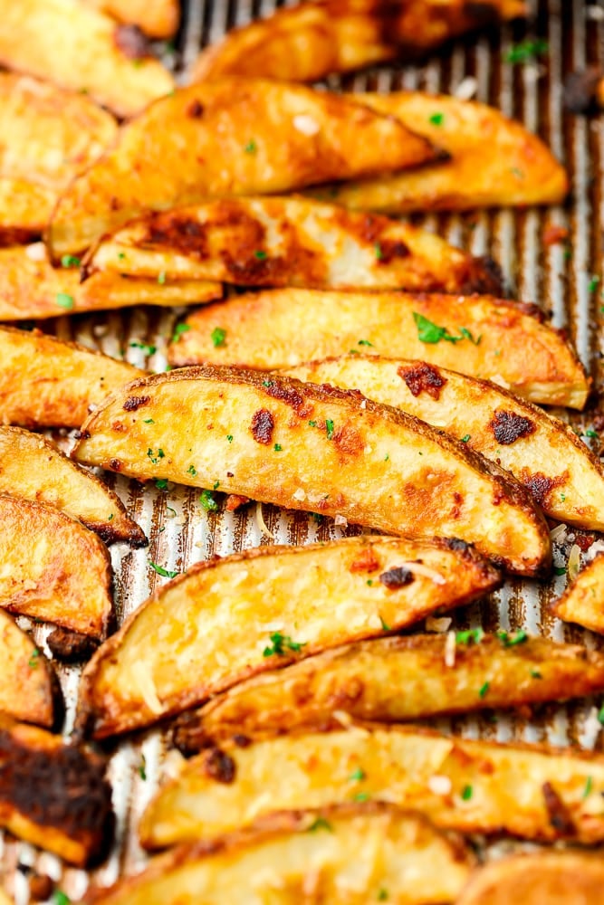 close up of crispy potatoes on a pan