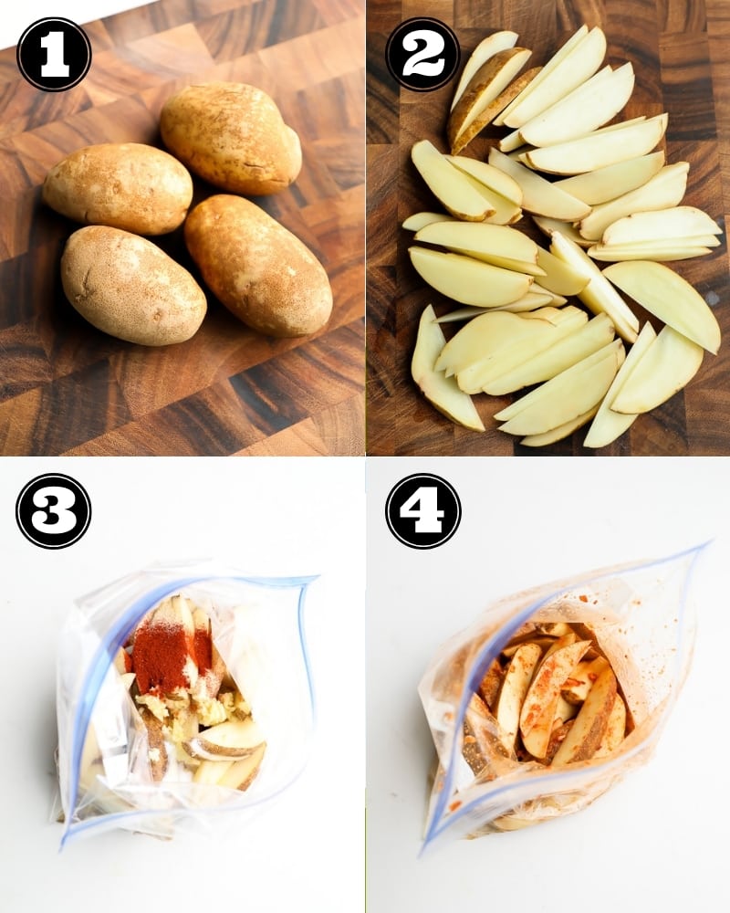 collage showing step by step how to cut and mix potato slices