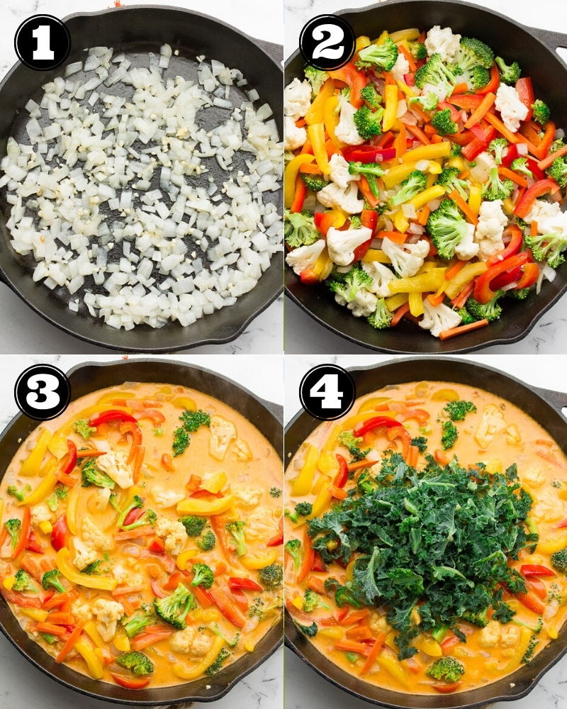 collage of how to make vegan thai red curry, step by step in a pan