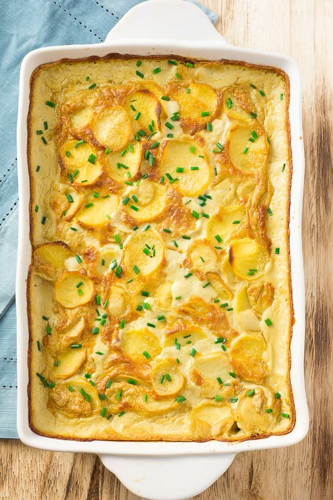 finished vegan scalloped potatoes in casserole dish out of oven