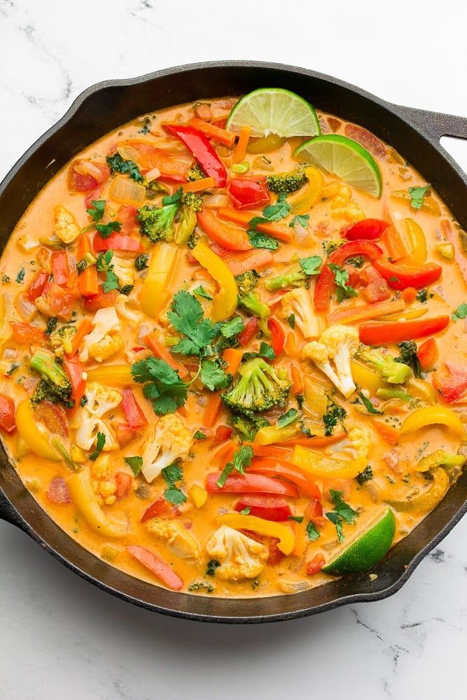 looking down on a pan with vegetables in sauce