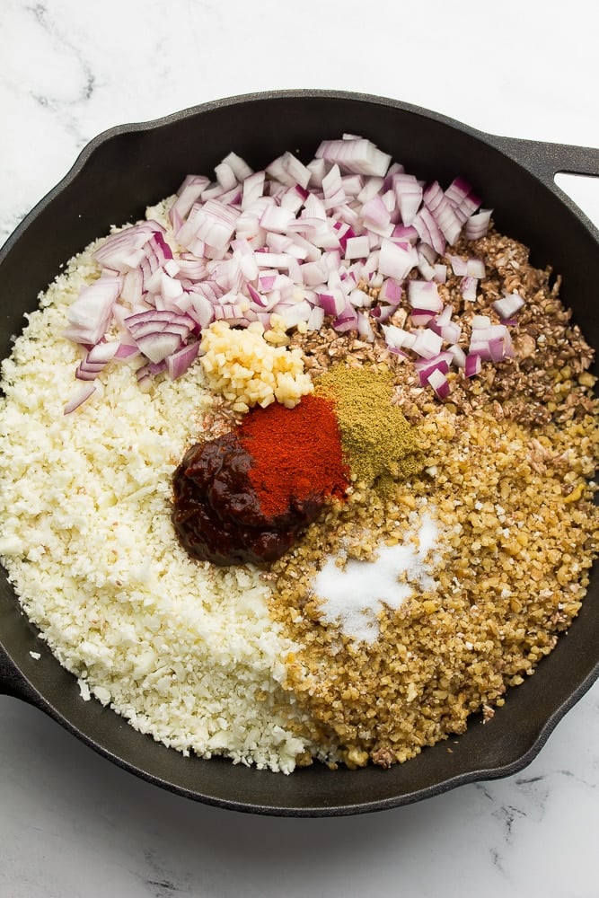 pan full of ingredients to make vegan taco meat