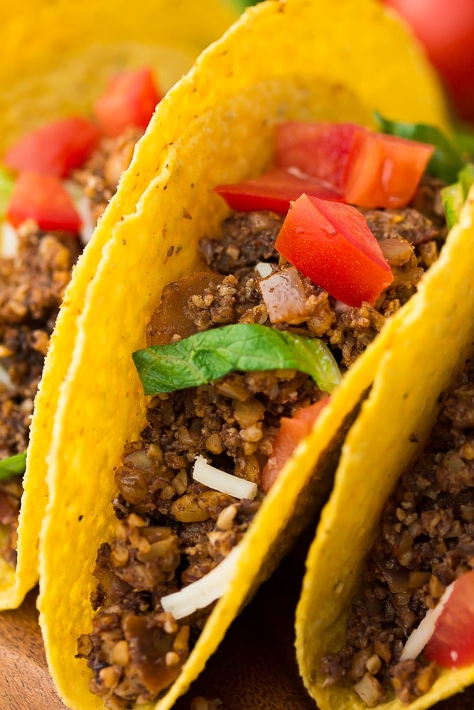 close up of 3 vegan tacos close together