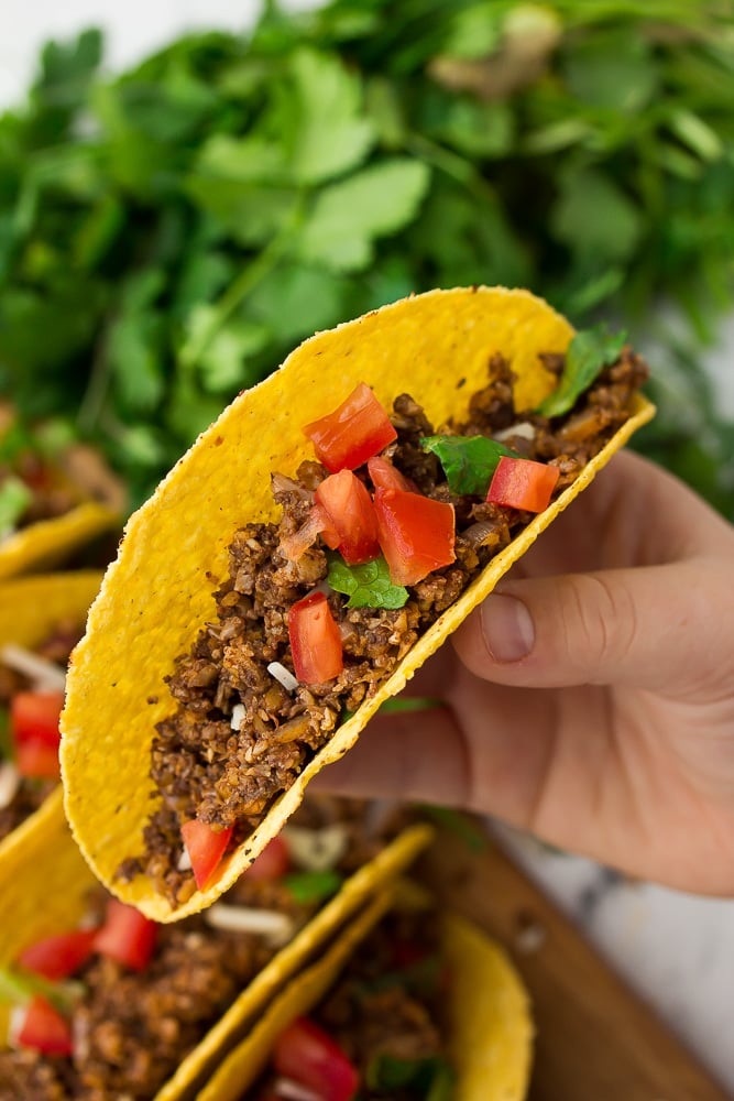 hand holding a taco, lettuce in background