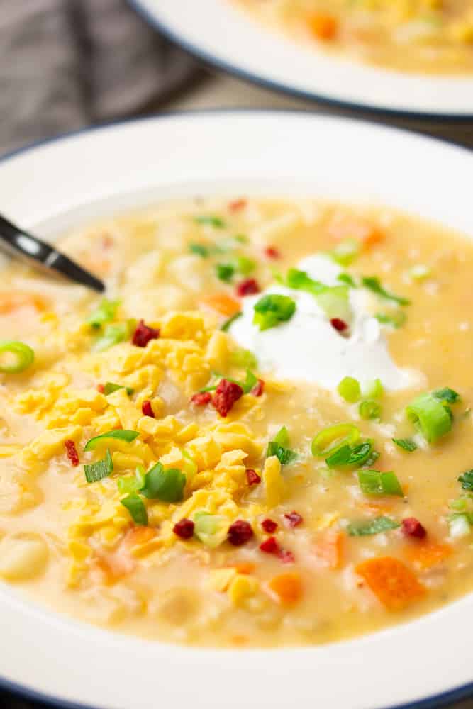 close up of a bowl of soup with cheese, sour cream and bacon bits on top