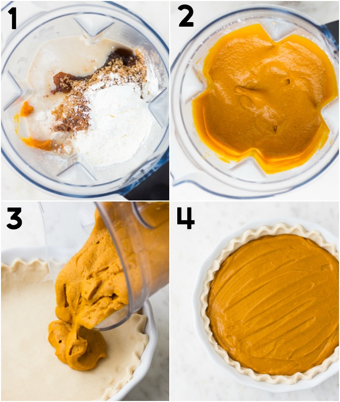 collage of blending pumpkin pie ingredients and pouring them into pie crust