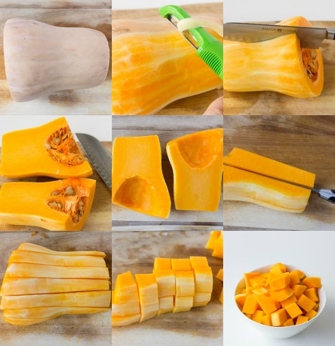collage of how to chop and peel a butternut squash