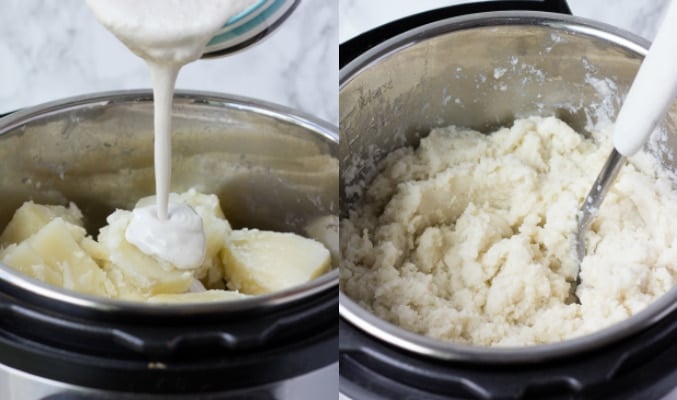 collage of cashew cream being poured into potatoes and them being mashed.