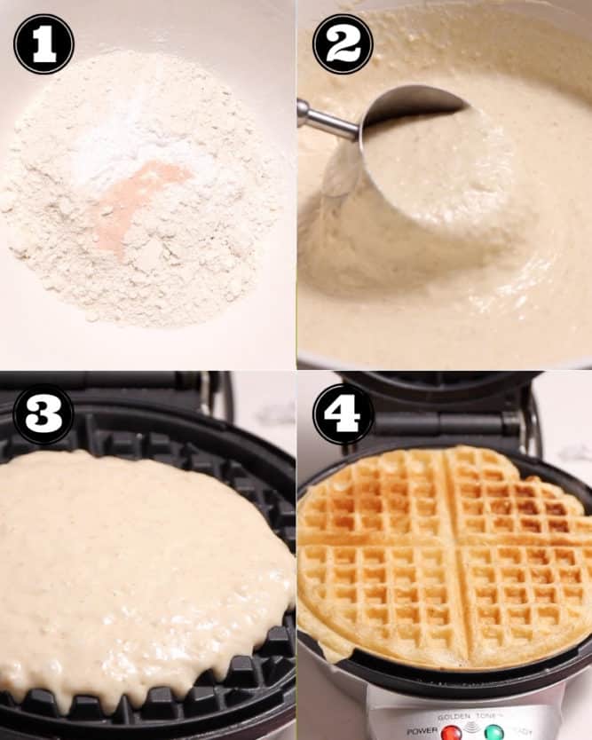 collage of how to make waffles, step by step in the waffle iron
