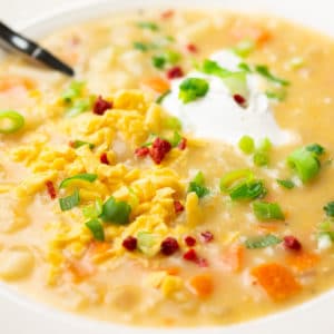 close up of a bowl of potato soup with lots of cheese, sour cream and bacon bits