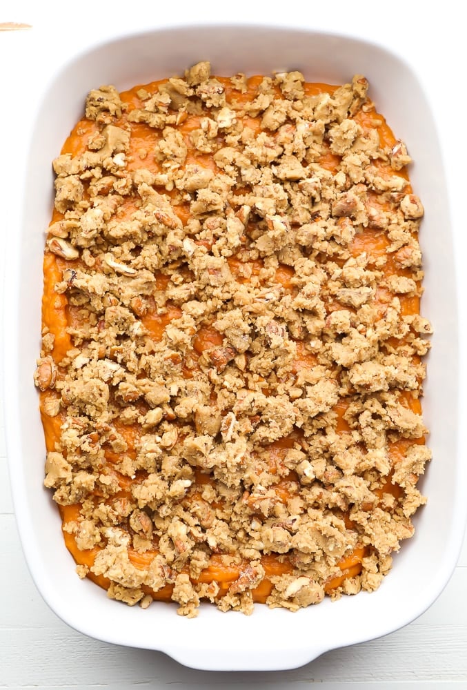 vegan sweet potato casserole ready to go in oven