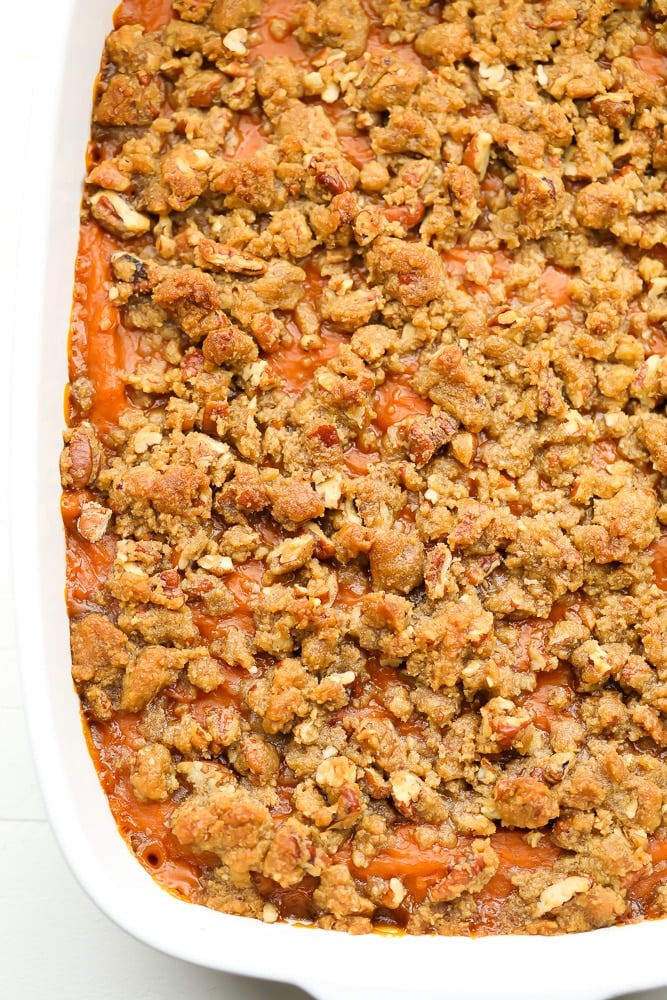 baked crispy casserole in white dish