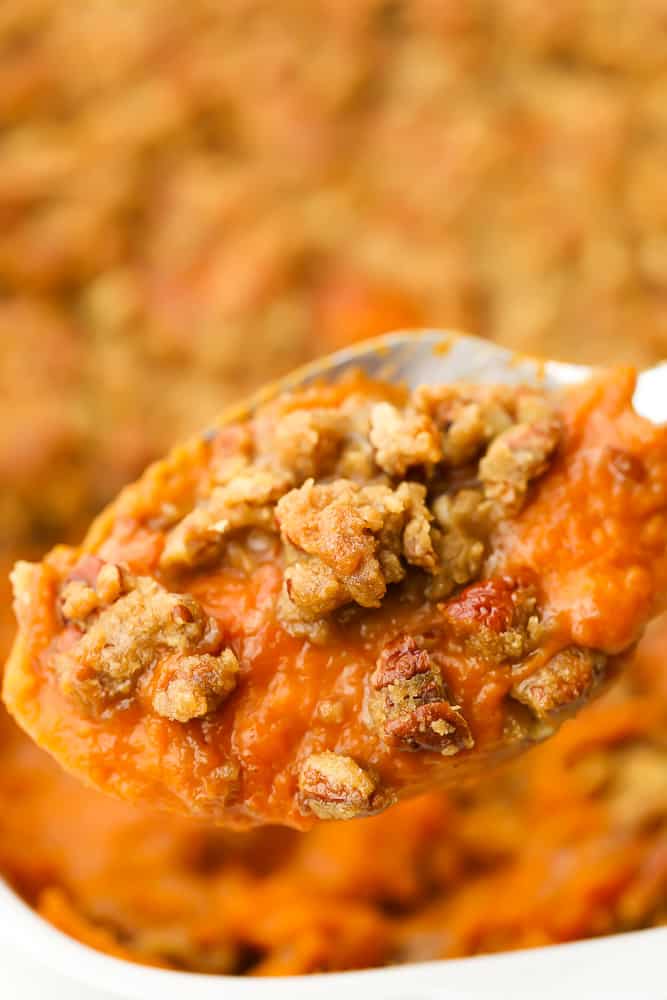 spoon lifting vegan sweet potato casserole