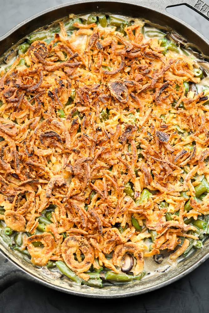 baked casserole in cast iron pan
